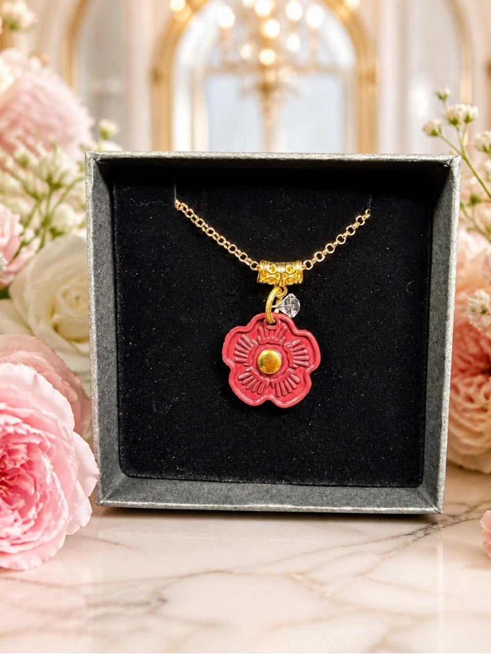 Coach (like) Dark Red/Brick Poppy w/Gold Toned Chain (20”) Pendant (1”) dia.